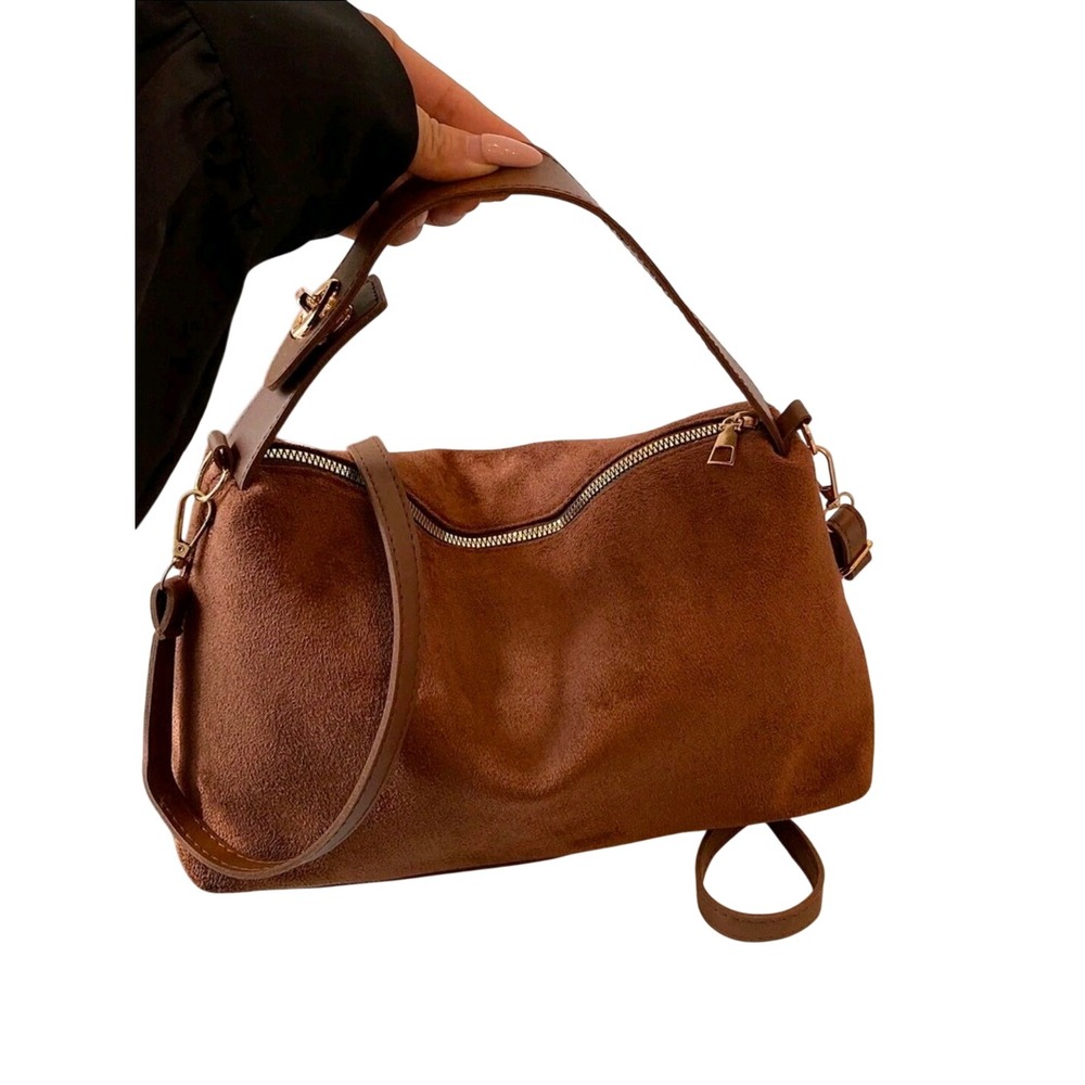 Brown Faux Suede Hobo Crossbody Bag Gold‎ Hardware Slouchy Shoulder Handbag
